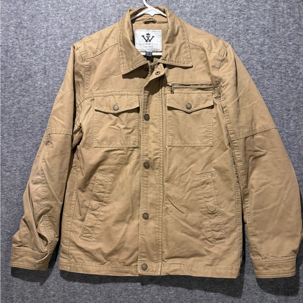 Wenven Canvas Utility Jacket Mens Small tan brown full zip pockets lined Army